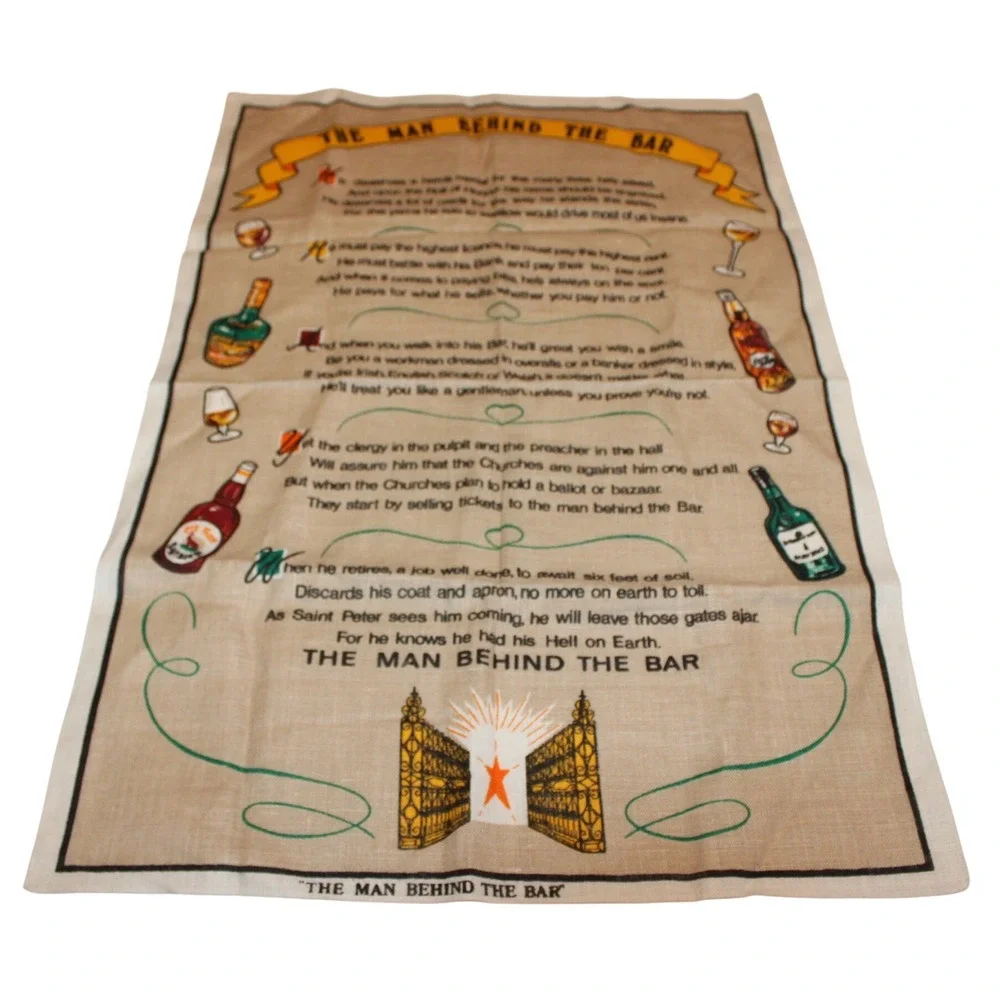 vintage Irish Linen Tea Towel The Man Behind The Bar poem Ireland 29x20